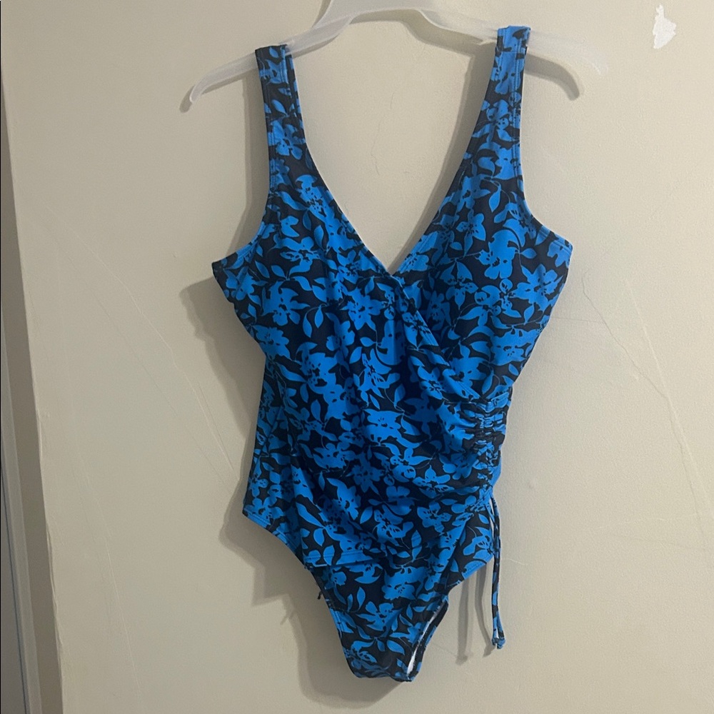 Blue Floral V-Neck One-Piece Swimsuit with Side Ruching